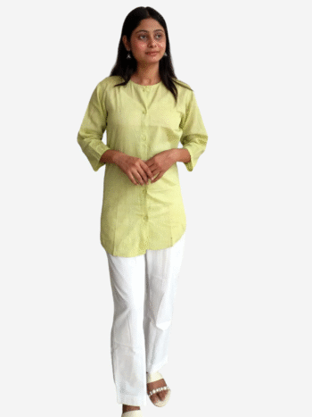 Women's Khadi Cotton Kurta – Lemon Green & White Handloom Kurta