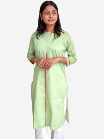 Women's Khadi Cotton Kurta – Mint Green with Red Piping Handloom Kurta