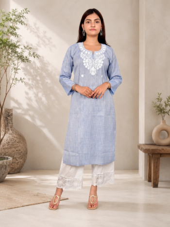 Women's Khadi Cotton Embroidered Kurti – Light Blue Handloom Kurti