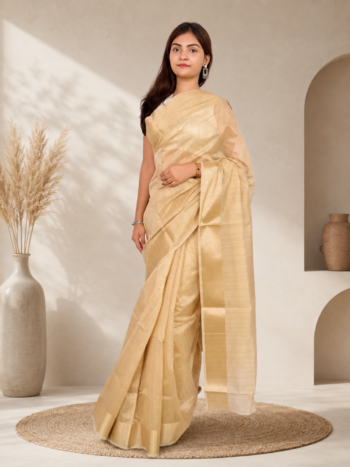 Women's Khadi Cotton Silk Saree – Beige Self-Woven Handloom Saree