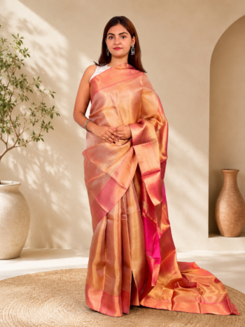 Women's Khadi Silk Saree – Golden Pink Contrast Pallu Handloom Saree