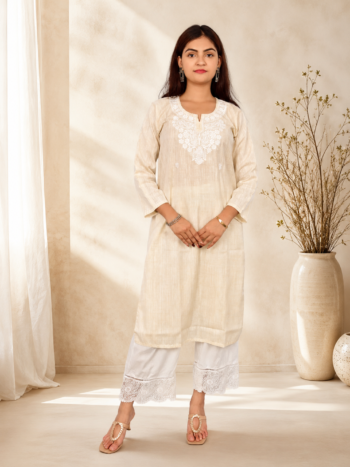 Women's Khadi Cotton Embroidered Kurti – Beige Handloom Kurti