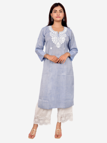 Light Blue Embroidered Cotton Kurti