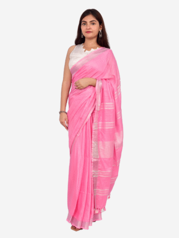 Light Pink Khadi Cotton Saree with Silver Border