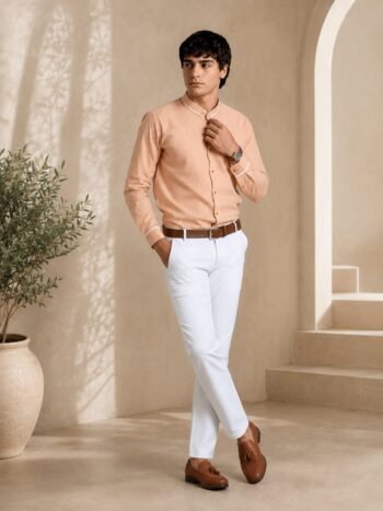 Men's Khadi Cotton Mandarin Collar Shirt – Peach Handloom Shirt