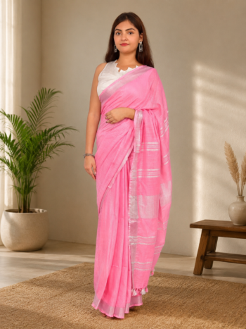 Women's Khadi Cotton Saree – Light Pink with Silver Border Handloom Saree