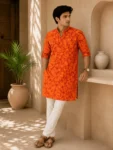 Men’s Orange Batik Print Khadi Cotton Kurta-1