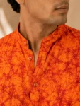 Men’s Orange Batik Print Khadi Cotton Kurta-1