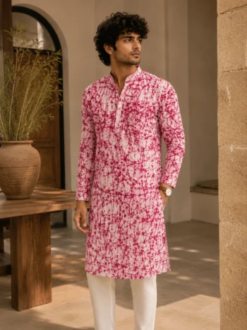 Men’s Pink Batik Print Khadi Cotton Kurta