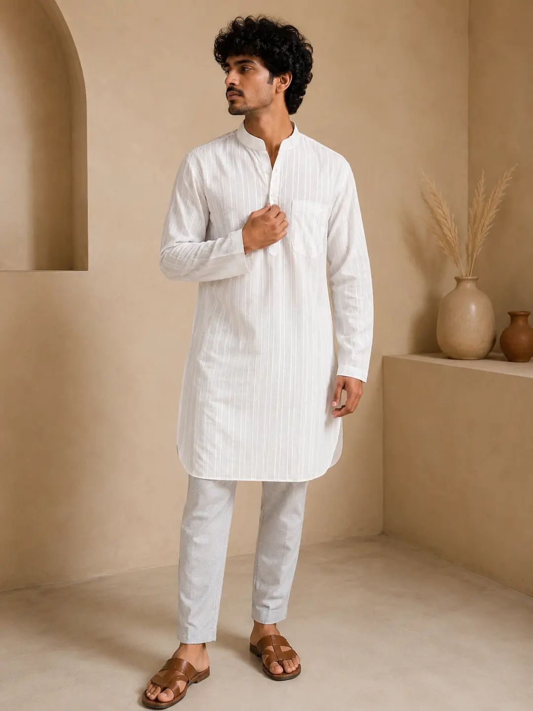 Men’s White Khadi Cotton Kurta -5 white khadi kurta pajama for men