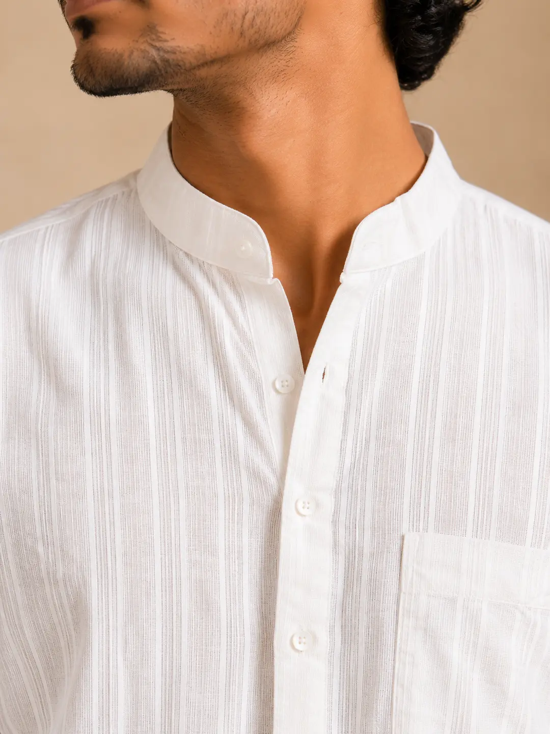 Men’s White Khadi Cotton Kurta -4 White Khadi Cotton Kurta Online – Textured Striped Kurta