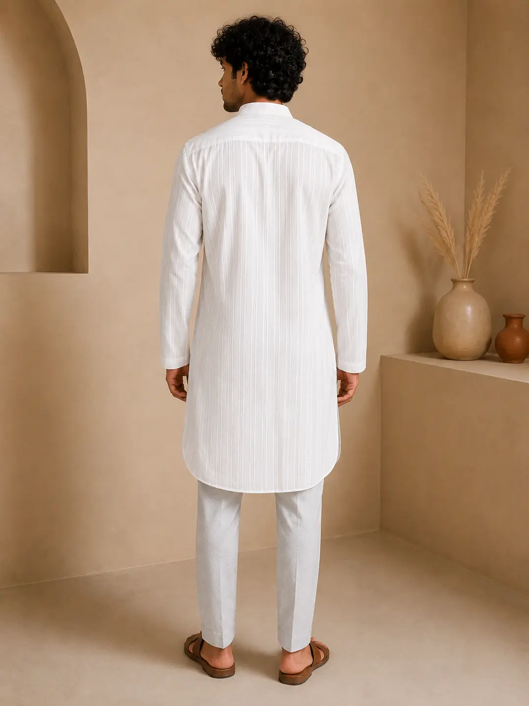Men’s White Khadi Cotton Kurta -2 White Khadi Cotton Kurta Online – Textured Striped Kurta
