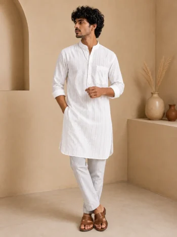 White Khadi Cotton Kurta Online – Textured Striped Kurta