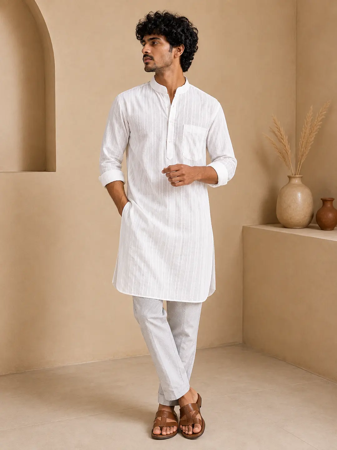 Men’s White Khadi Cotton Kurta -1 White Khadi Cotton Kurta Online – Textured Striped Kurta