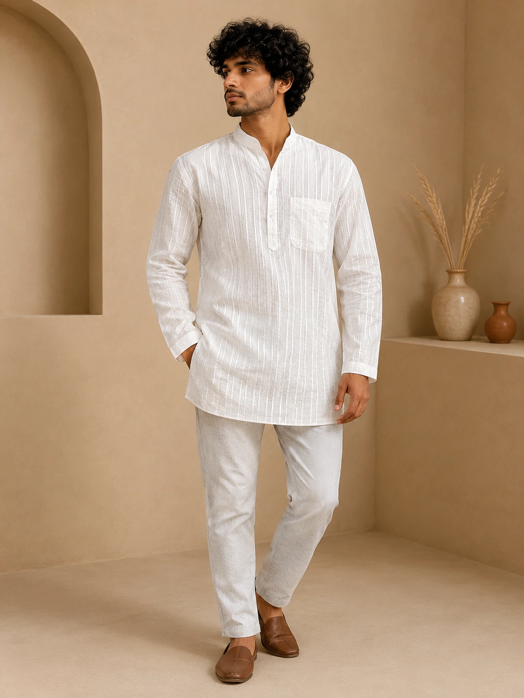 Men’s White Khadi Cotton Short Kurta -1 White Khadi Cotton Short Kurta Online – Textured Handwoven Kurta