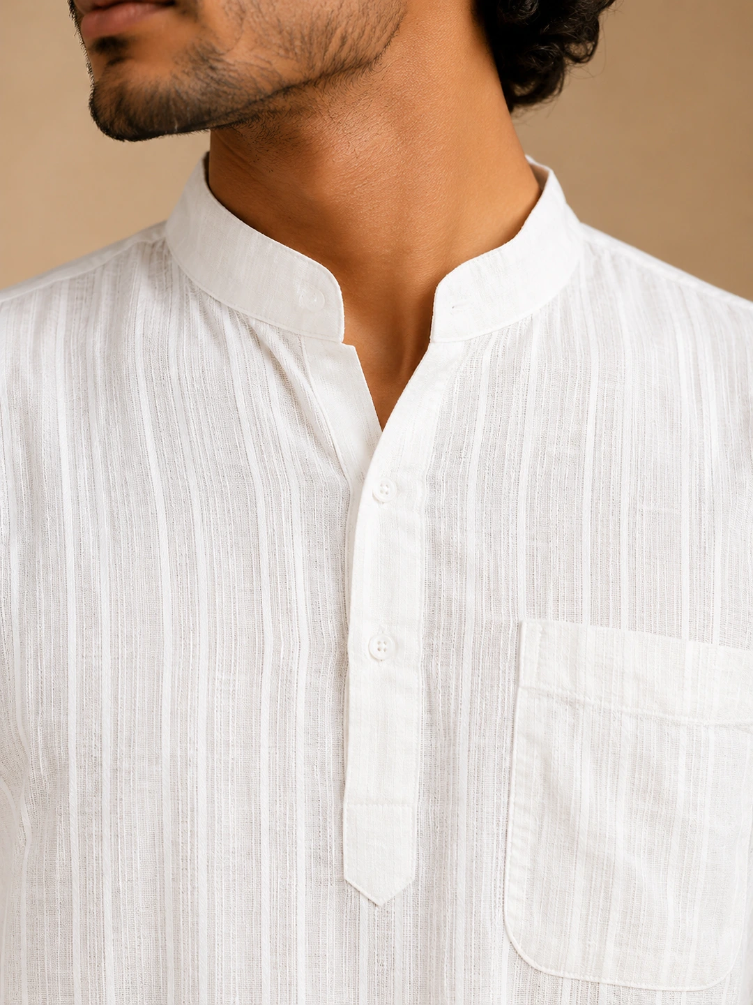 Men’s White Khadi Cotton Short Kurta -5 White Khadi Cotton Short Kurta Online – Textured Handwoven Kurta