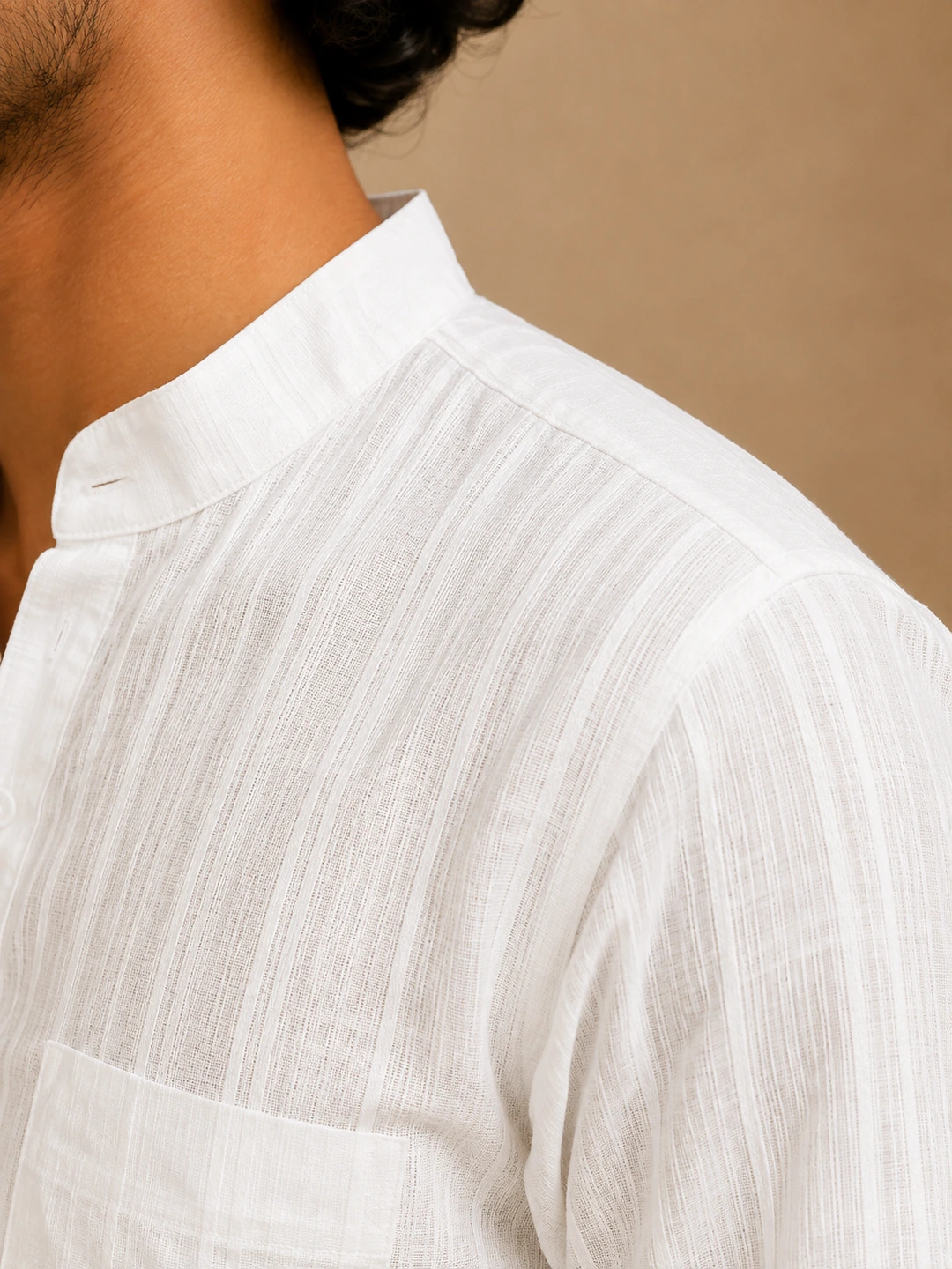 Men’s White Khadi Cotton Short Kurta -4 White Khadi Cotton Short Kurta Online – Textured Handwoven Kurta