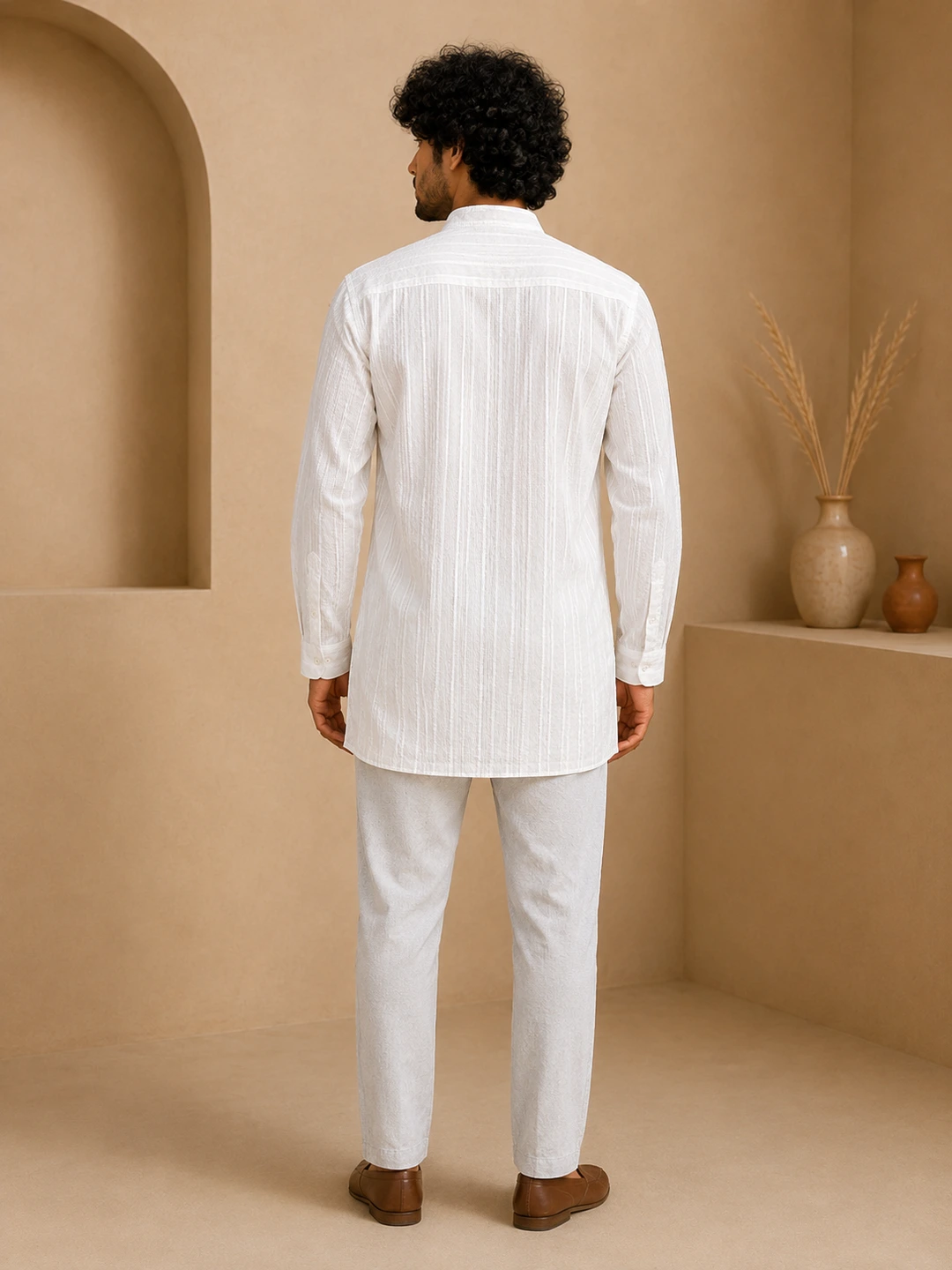 Men’s White Khadi Cotton Short Kurta -3 White Khadi Cotton Short Kurta Online – Textured Handwoven Kurta