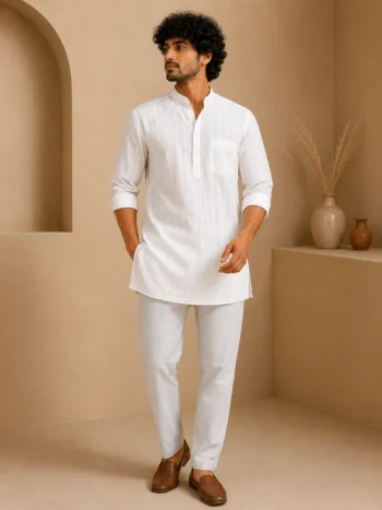 White Khadi Cotton Short Kurta Online – Textured Handwoven Kurta