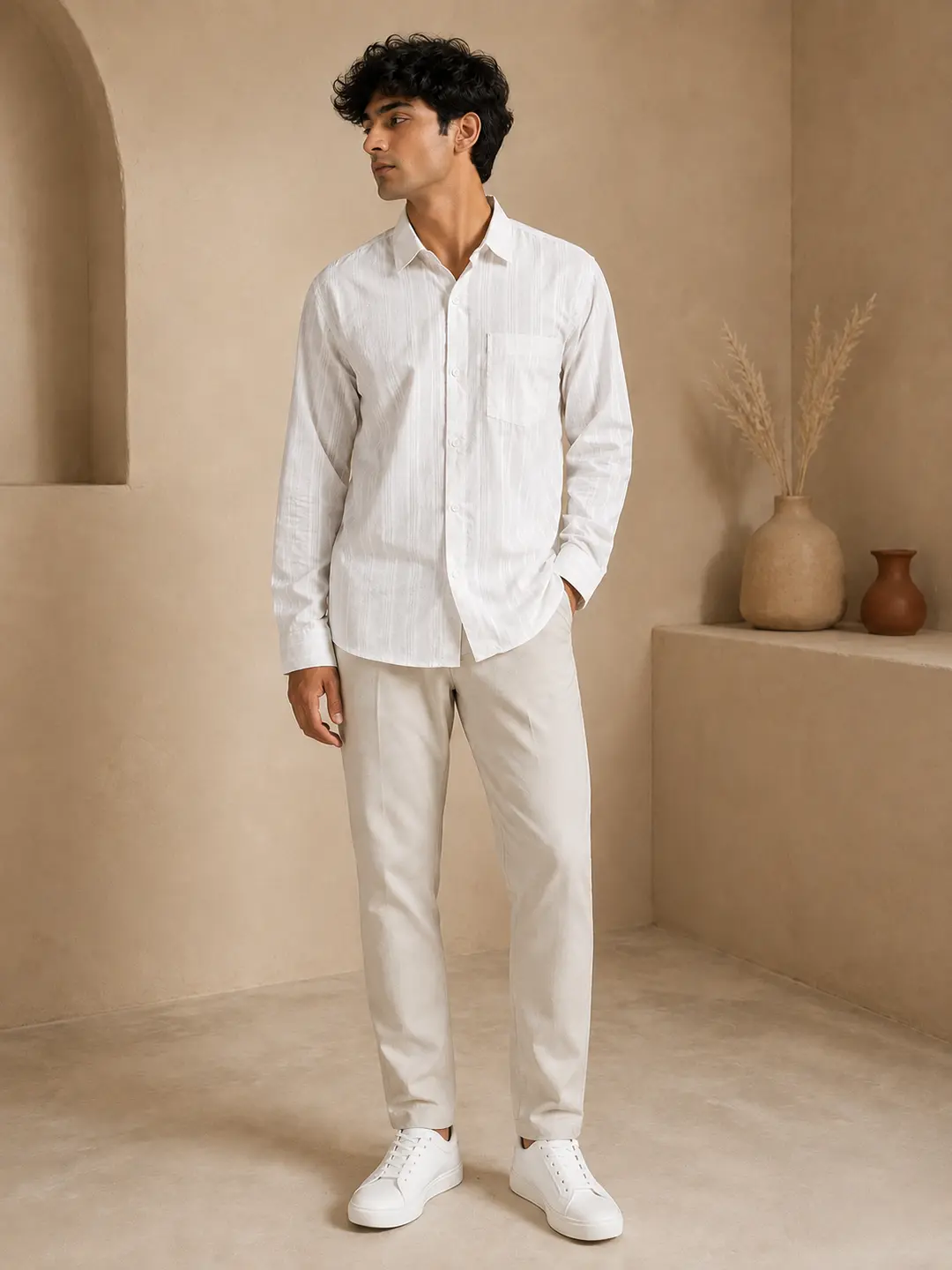 Men’s White Cotton Khadi Shirt - 4 Buy Men’s White Cotton Khadi Shirt – Full Sleeve Textured Striped Shirt