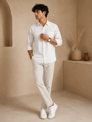 Buy Men’s White Cotton Khadi Shirt – Full Sleeve Textured Striped Shirt