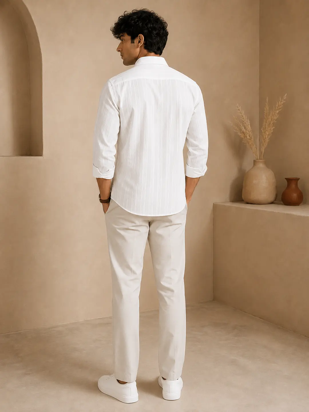 Men’s White Cotton Khadi Shirt - 5 Buy Men’s White Cotton Khadi Shirt – Full Sleeve Textured Striped Shirt