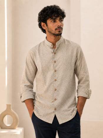 Men’s Beige Khadi Cotton Textured Shirt – Full Sleeve Casual