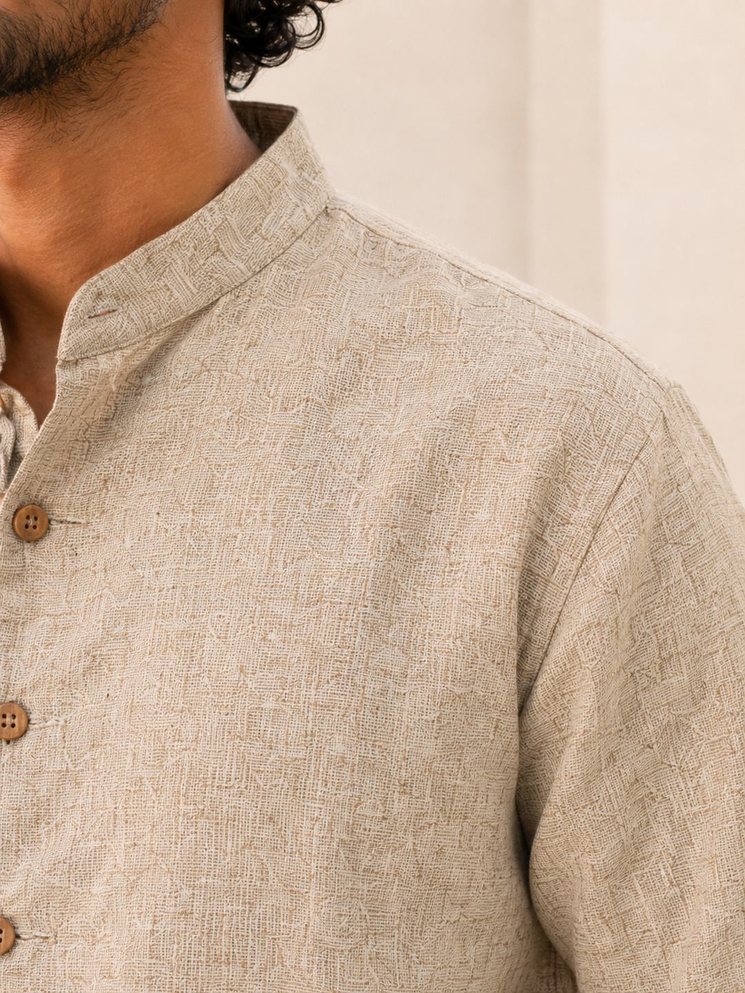 Beige Khadi Cotton Textured Shirt - 2 Men’s Beige Khadi Cotton Textured Shirt – Full Sleeve Casual