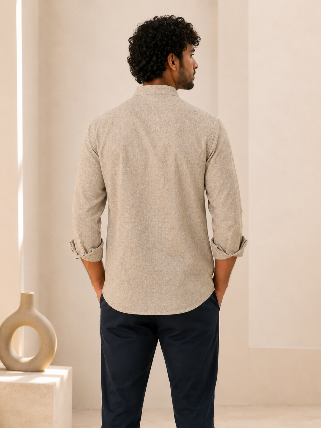 Beige Khadi Cotton Textured Shirt - 3 Men’s Beige Khadi Cotton Textured Shirt – Full Sleeve Casual