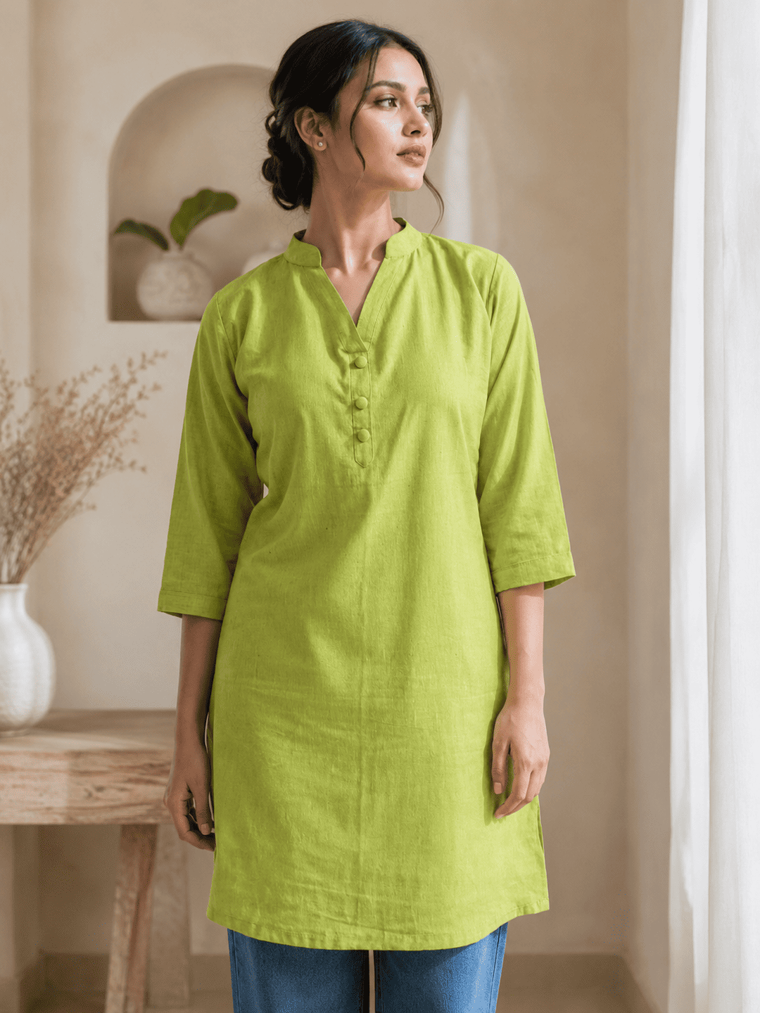 Women's Khadi Cotton Kurta-2 Women's Khadi Cotton Kurta Pistachio Green– Top Designs