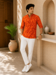 Men’s Orange Batik Print Short Kurta – 2