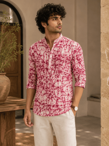Buy Men's Crimson Batik Print Khadi Cotton Short Kurta