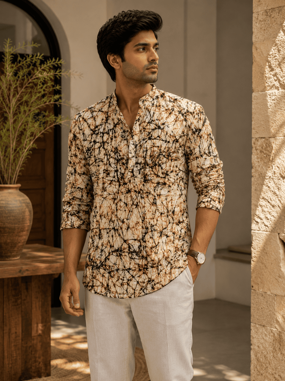 Cotton Short Kurta – Black & Brown Buy Men's Premium Batik Print Khadi Cotton Short Kurta – Black & Brown