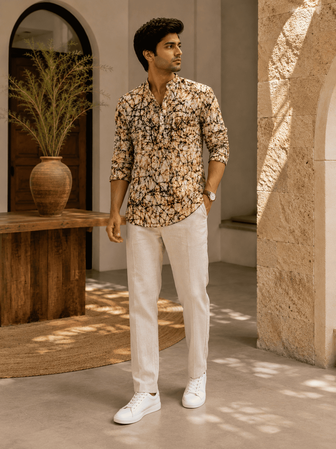 Cotton Short Kurta – Black & Brown- 2 Buy Men's Premium Batik Print Khadi Cotton Short Kurta – Black & Brown