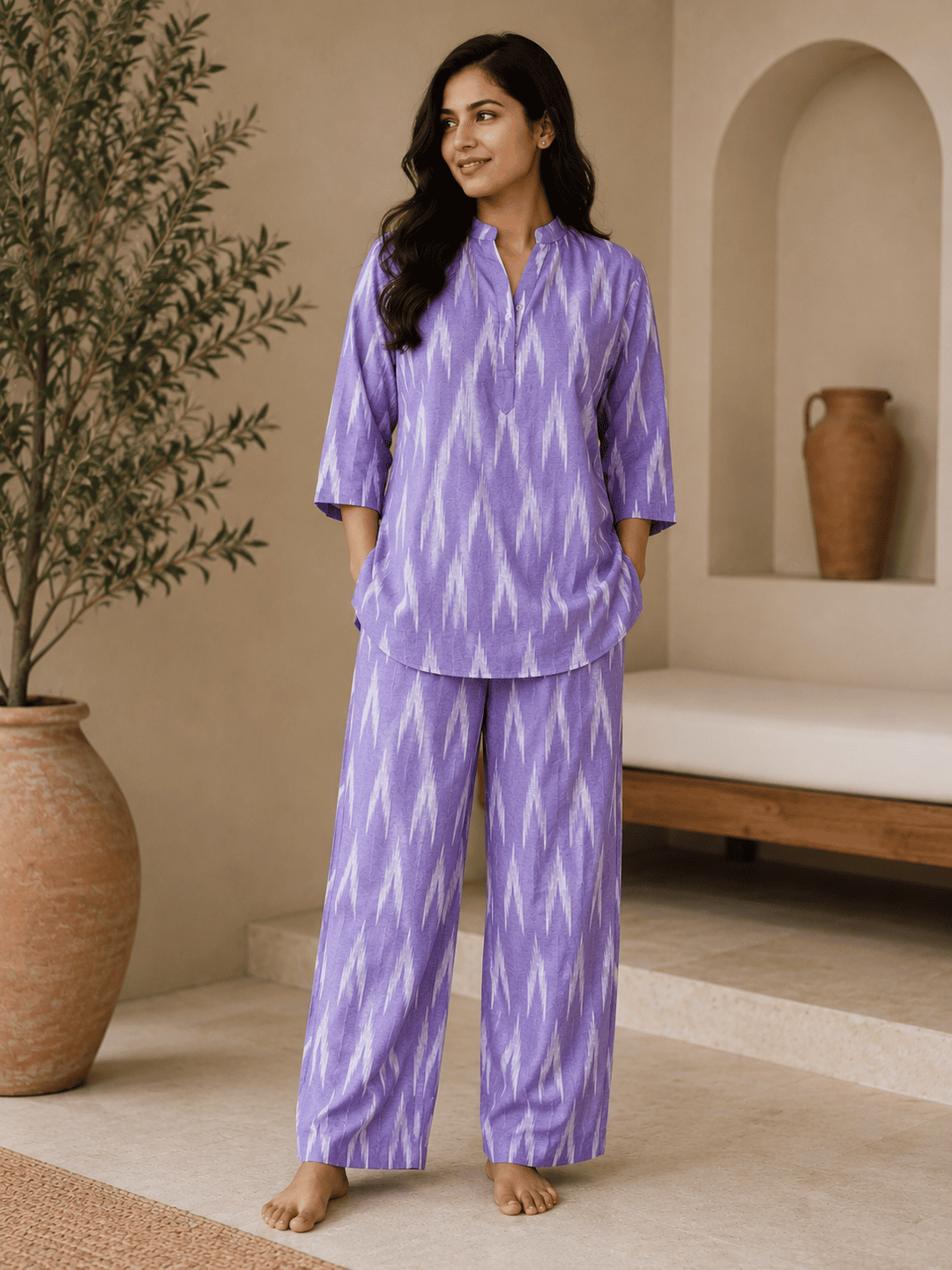 Cotton Co-Ord Set Online – Premium Kurta & Pants Set-1 Buy Women’s Lavender Ikat Print Cotton Co-Ord Set