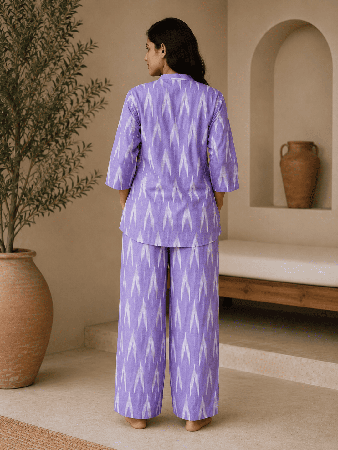 Cotton Co-Ord Set Online – Premium Kurta & Pants Set-4 Buy Women’s Lavender Ikat Print Cotton Co-Ord Set