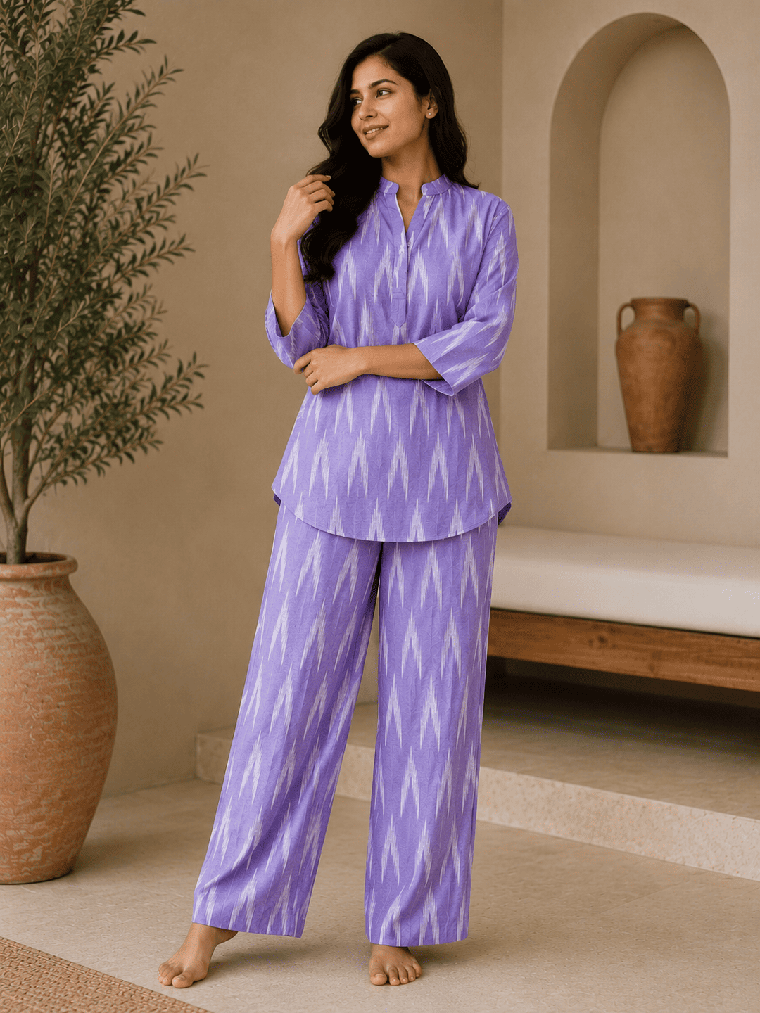 Cotton Co-Ord Set Online – Premium Kurta & Pants Set-4 Buy Women’s Lavender Ikat Print Cotton Co-Ord Set