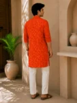 Men’s Orange Batik Print Khadi Cotton Kurta-1
