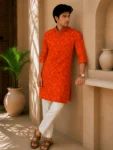 Men’s Orange Batik Print Khadi Cotton Kurta-1