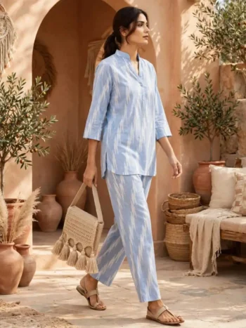 Buy Women’s Pastel Blue Cotton Co-Ord Set Online – Premium Kurta & Pants Set