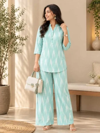 Buy Women’s Mint Green Ikat Print Cotton Co-Ord Set Online – Kurta & Pants Set