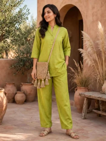 Buy Women’s Lime Green Cotton Co-Ord Set Online – Premium Kurta & Pants Set