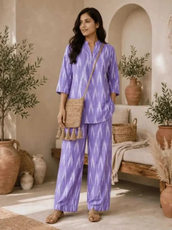 Buy Women’s Lavender Ikat Print Cotton Co-Ord Set Online – Premium Kurta & Pants Set