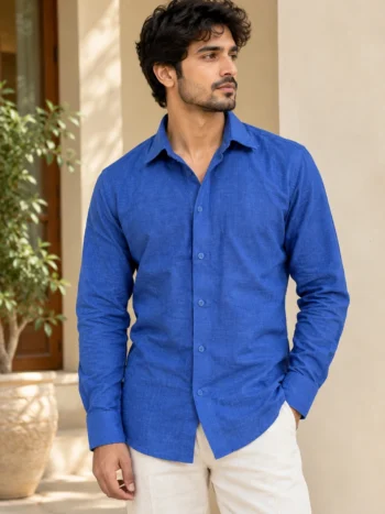 Men’s Royal Blue Khadi Cotton Shirt – Textured Handwoven Casual Shirt
