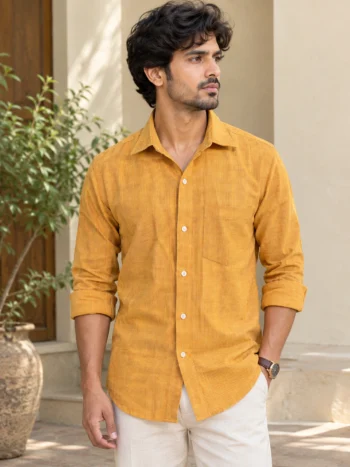 Buy Men’s Mustard Khadi Cotton Textured Shirt Online