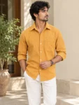 Men’s Mustard Khadi Cotton Textured Shirt Online – 1