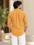 Men’s Mustard Khadi Cotton Textured Shirt Online – 1