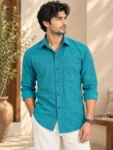 Men’s Teal Blue Textured Cotton Shirt – Full Sleeve Casual Shirt – 1