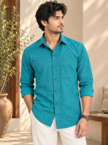Men’s Teal Blue Textured Cotton Shirt – Full Sleeve Casual Shirt