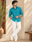 Men’s Teal Blue Textured Cotton Shirt – Full Sleeve Casual Shirt – 1